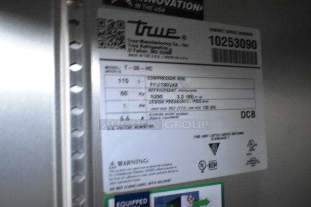 2021 True T-35-HC Stainless Steel 2 Door Cooler with poly coated racks, 115V, 1 Phase, model label visible.