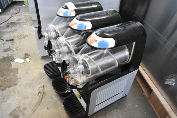 Vollrath VCBA168-37 triple hopper slushie machine, 1.6-gallon capacity, countertop model, 115V, 1 phase, commercial use.