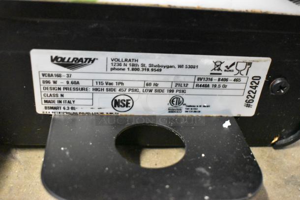 Vollrath VCBA168-37 label displaying model, voltage, and NSF certification for the commercial triple hopper slushie machine.