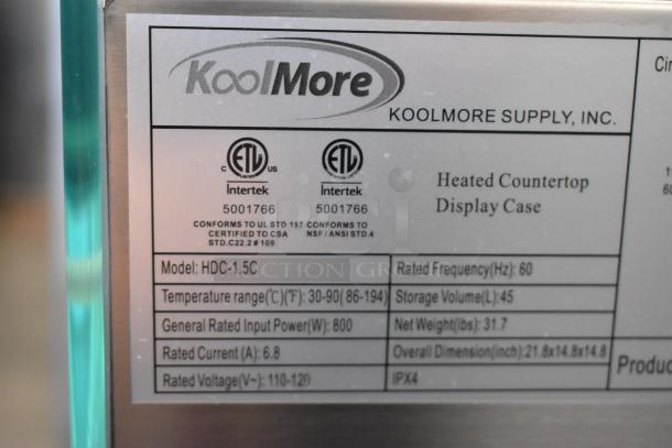 BRAND NEW KoolMore HDC-1.5C curved glass countertop display warmer, 115V, 1 phase, scratch and dent, ETL certified.