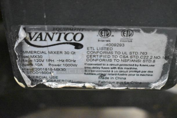 Avantco MX30 mixer label showing 30 Qt capacity, 120V, 1PH, 60Hz, 10A, 1000W, ETL listed, CSA and NSF/ANSI compliant.
