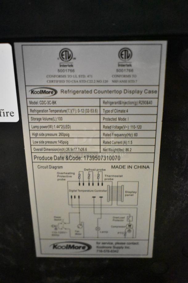 KoolMore CDC-3C-BK countertop display refrigerator label, 3.6 cu ft, 115 volts, 1 phase. Glass damage noted.