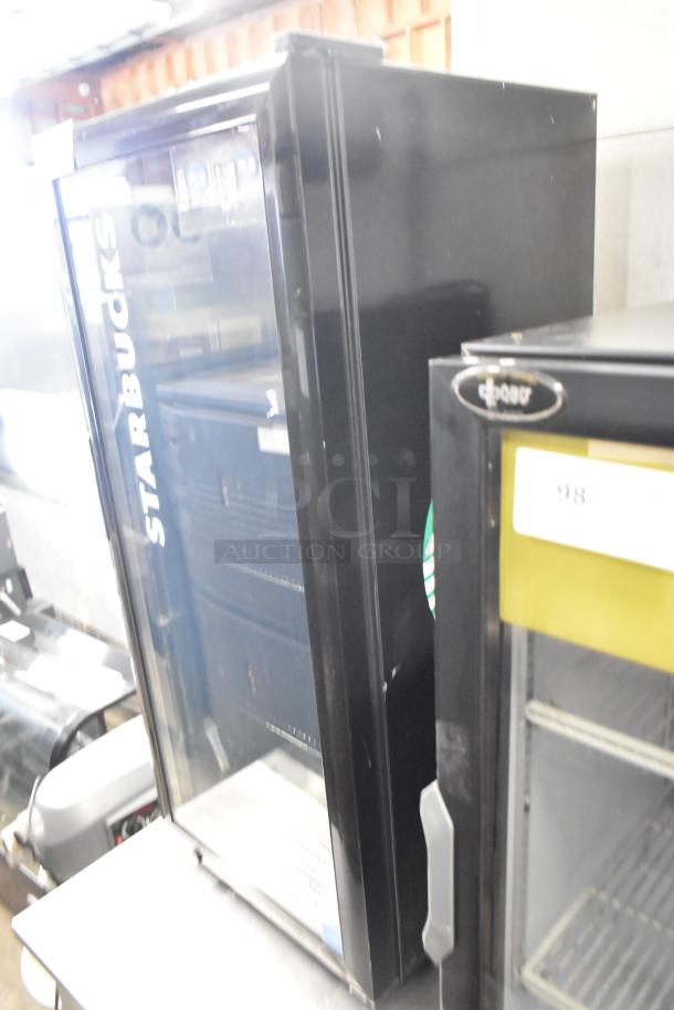 2019 IDW G4-H0234B metal mini cooler merchandiser, black, glass door, 110-120V, 1 Phase, Starbucks branding.