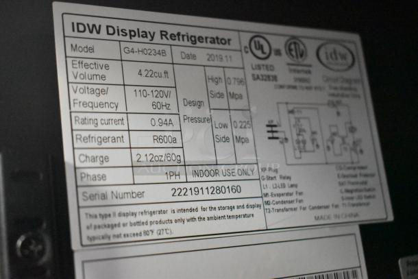 2019 IDW G4-H0234B Metal Mini Cooler Merchandiser label. Shows specs: 4.22 cu. ft., 110-120V, R600a refrigerant.