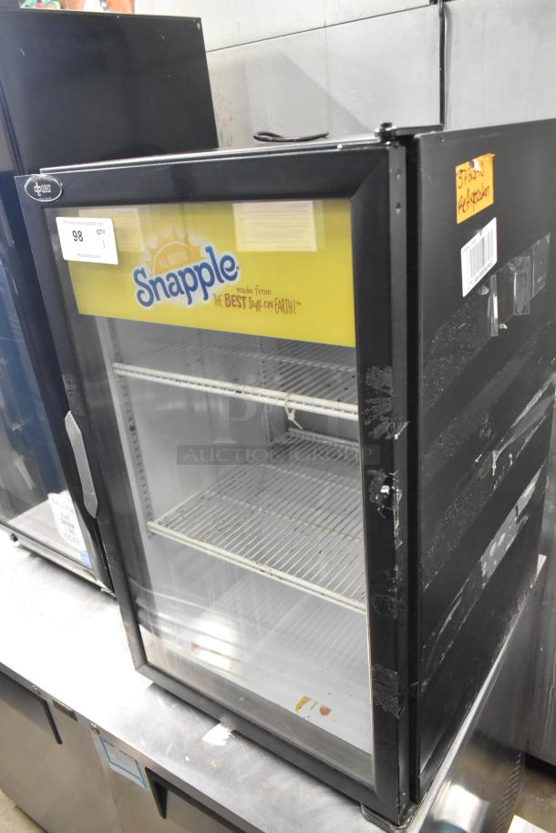 QBD DC6LP Metal Mini Cooler Merchandiser, Snapple branding, 110-120V, 1 phase, black finish, used condition, visible label "For sale online auction".