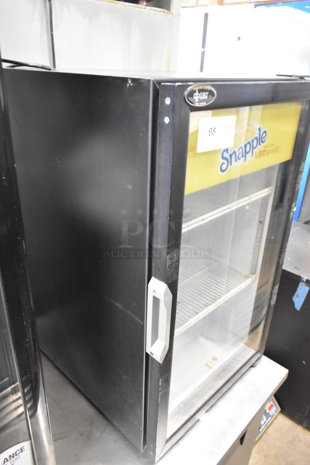 QBD DC6LP Metal Mini Cooler Merchandiser, 110-120V, 1 Phase. Black finish, glass door, Snapple branding, good condition.