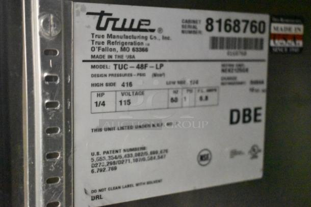 True TUC-48F-LP undercounter freezer label, showing model, voltage 115V, 1 phase, 1/4 HP, serial 8168760. Made in USA.