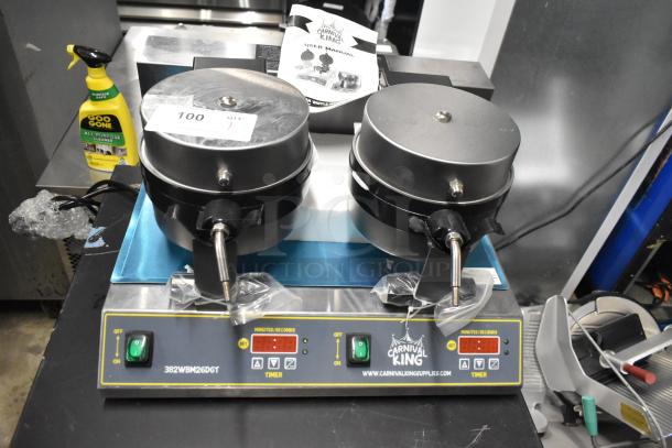 Brand new Carnival King 382WBM26DGT non-stick double Belgian waffle maker with digital timer, temperature controls, slight scratches.