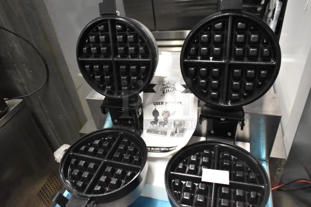 Brand new Carnival King 382WBM26DGT double Belgian waffle maker with non-stick plates, digital timer, and temperature controls.