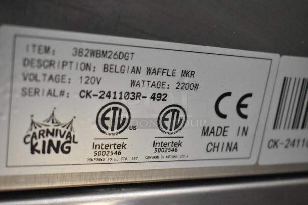 Carnival King 382WBM26DGT label showing 120V, 2200W, serial CK-241103R-492; ETL certifications; Made in China.