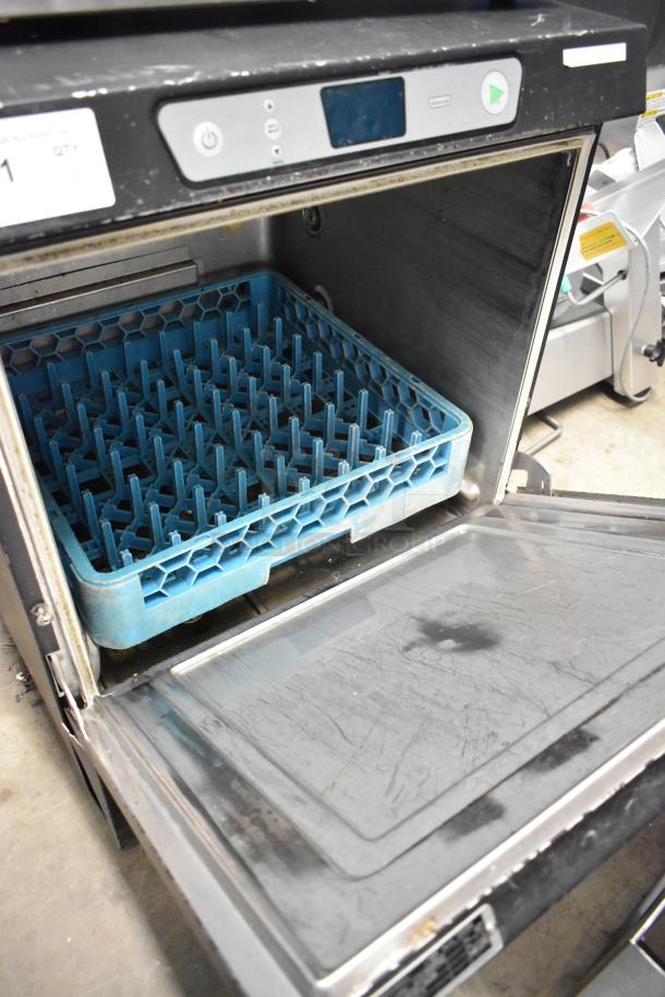 2018 Hobart LXER undercounter dishwasher, metal exterior, open front showing blue dish rack, good condition.