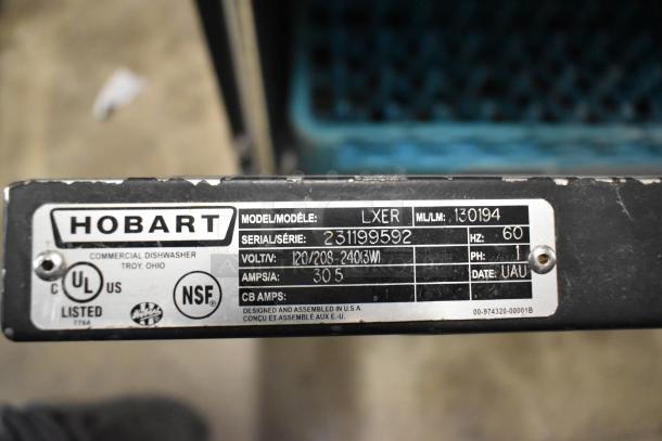 2018 Hobart LXER metal commercial undercounter dishwasher, 120/208-240V, 1 Phase, serial 231199592, NSF and UL listed.