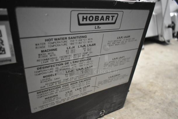 2018 Hobart LXER commercial undercounter dishwasher, model LXER. Features 120/208-240 volts, 1 phase. Hot water sanitizing settings visible on label.