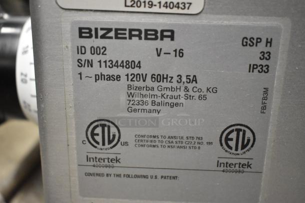 2016 Bizerba GSP H meat slicer label showing model, 120V voltage, 1-phase, and certifications.