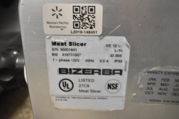 Bizerba SE 12 US metal commercial meat slicer, 120V, 1 phase, with NSF and UL listings; label shows model details.