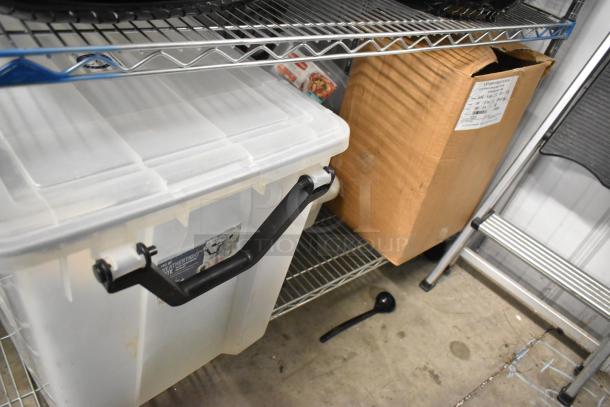 Metro lot includes various plates, bowls, and a white poly bin with a handle. Items in fair condition; no shelving included.