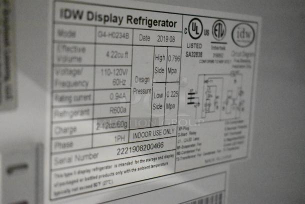 2019 IDW G4-HD234B Metal Mini Cooler Merchandiser label; 115 Volts, 1 Phase; refrigerant R600a; UL listed.