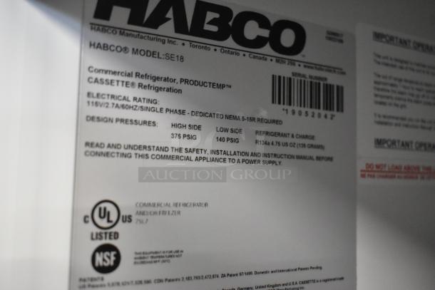 Label of 2019 Habco SE18 Metal Commercial Single Door Reach In Cooler with electrical rating 115V, 1 Phase. UL and NSF certified.