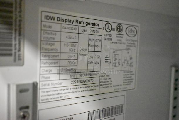 2019 IDW G4-HD234B Metal Mini Cooler Merchandiser label showing specs: 115 Volts, 1 Phase, R600a refrigerant. Serial 2221908200470.