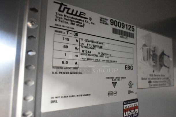 Label of 2017 True T-35 Stainless Steel Commercial Cooler showing model, voltage, compressor details, and certifications.