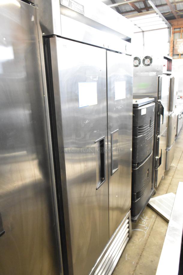 True T-35 stainless steel commercial 2-door reach-in cooler, 2017 model, with poly-coated racks. 115 volts, 1 phase.