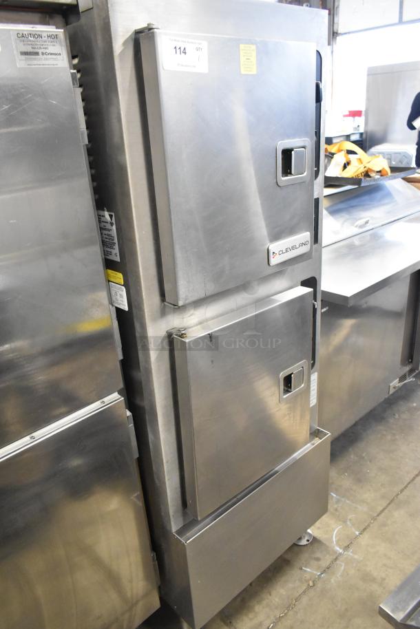 2022 Cleveland 24CGA10 stainless steel, two-deck natural gas steam cabinet; commercial use, excellent condition; caution label visible.
