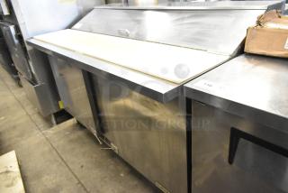 Beverage Air SPE60-16C stainless steel sandwich prep table, features Bain Marie top, commercial casters, 115V, 1 phase.