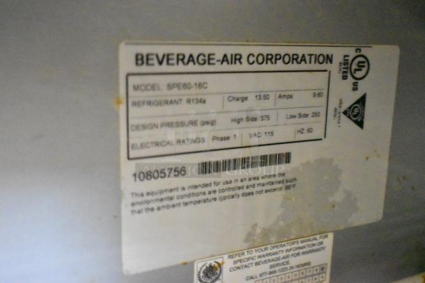 Beverage Air SPE60-16C label with specs: 115V, 1 Phase, R134a refrigerant, UL listed. Commercial sandwich salad prep table.