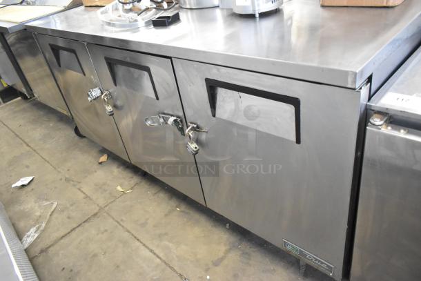 2020 True TWT-72-HC stainless steel undercounter cooler, 3-door, on casters, 115 volts, commercial use, excellent condition.