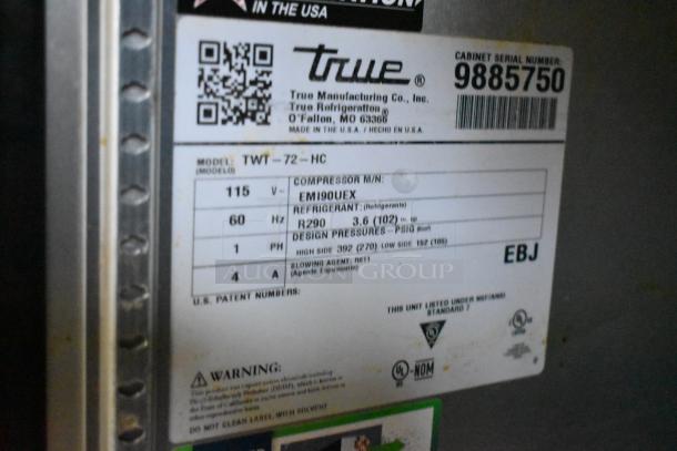Label of a 2020 True TWT-72-HC Stainless Steel Commercial Undercounter Cooler. Details: 115V, 60Hz, R290 refrigerant. Serial 9885750.