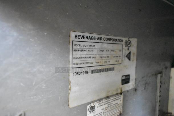 Beverage Air UCR72AY-23 label showing model, refrigerant R134a, voltage 115V, and phase 1. Stainless steel undercounter cooler.