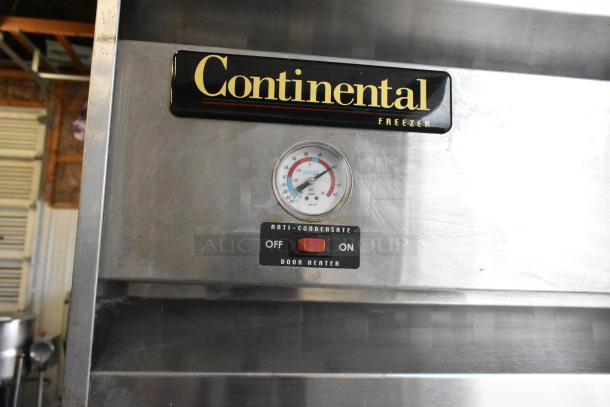 Continental 1FE stainless steel freezer, single door, with poly-coated racks, commercial casters, 115V, 1 phase, temperature gauge.
