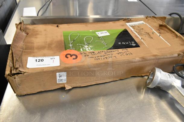 Brand new T&S Equip Faucet in damaged box, displaying "Equip" branding. Tags indicate auction item #120, with some wear.