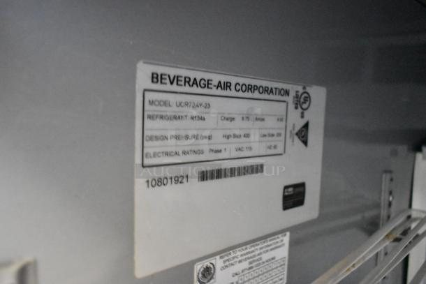 Beverage Air UCR72AY-23 stainless steel commercial undercounter cooler label, showing model and electrical specs.