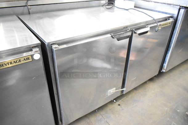 Beverage Air UCR48A-23 stainless steel 2-door undercounter cooler. 115V, 1 phase. Visible brand label, commercial use.