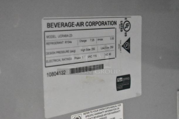 Label of Beverage Air UCR48A-23 cooler. Displays model, refrigerant type R134a, design pressure, and electrical ratings.