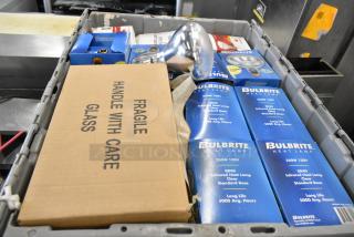 Poly bin with new items including Bulbrite Infrared Heat Lamp Bulbs, and a "Fragile Handle with Care Glass" box.