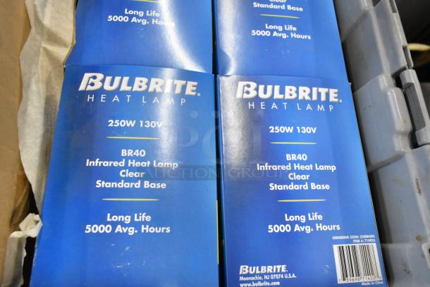 Lot of brand new Bulbrite 250W 130V BR40 infrared heat lamp bulbs, long life 5000 hours, in gray poly bin.