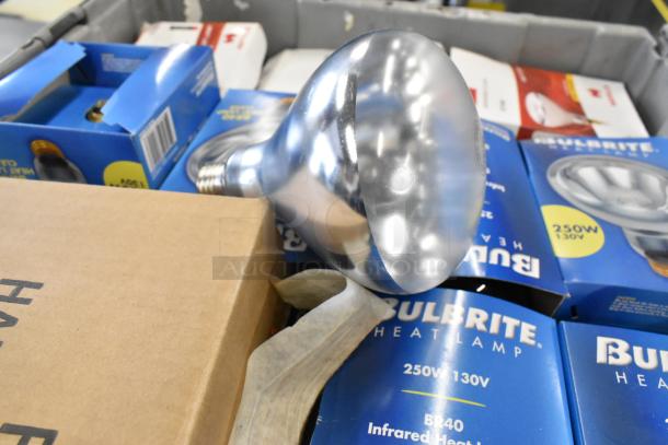 Brand new Bulbrite infrared heat lamp bulb in gray poly bin. Includes original packaging. 250W 130V, BR40 model.