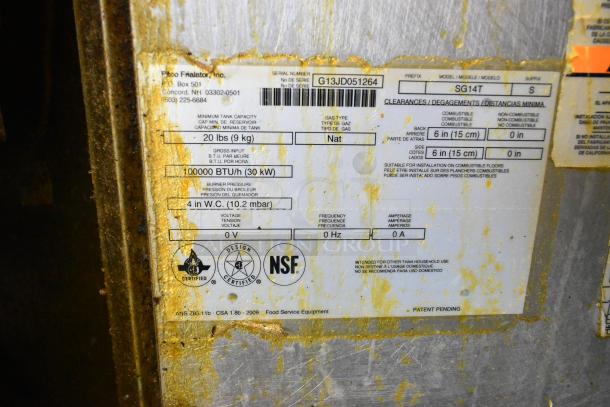 Pitco Frialator SG14T stainless steel fryer label, natural gas, 100,000 BTU, model SG14T, NSF certified, worn condition.