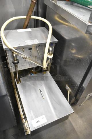 Pitco Frialator stainless steel commercial oil filtration system with attached hoses and visible operation diagram. Condition: Used.