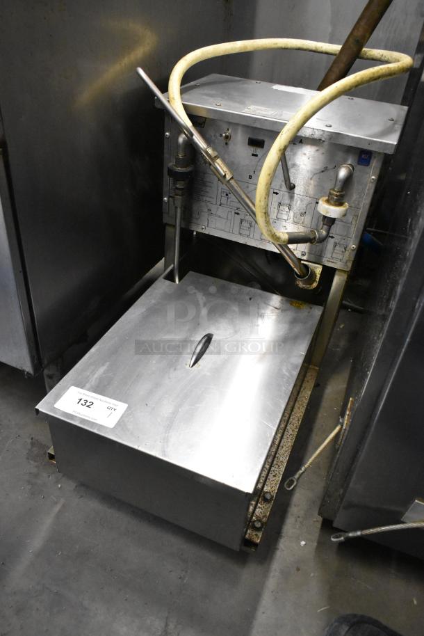 Pitco Frialator stainless steel commercial oil filtration system in used condition, with hose attachments and control panel.