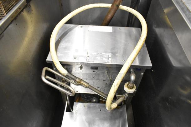 Pitco Frialator stainless steel commercial oil filtration system with visible hoses and control panel in used condition.