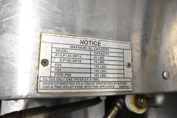 Pitco Frialator stainless steel commercial oil filtration system label showing model capacities ranging from 55 to 190 lbs.