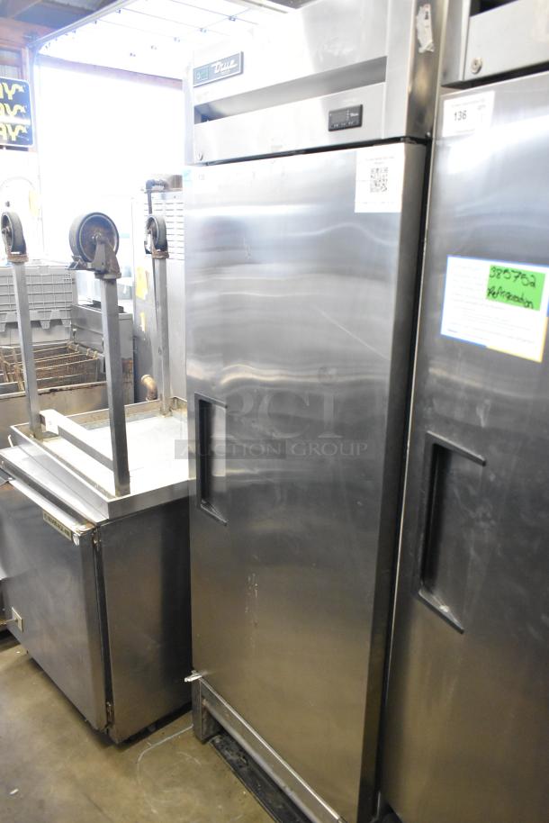 2022 True T-19F-HC stainless steel single door reach-in freezer, commercial grade, model label visible, 115V, 1 phase.