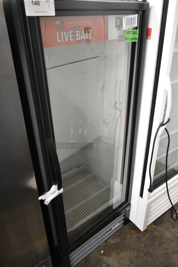 2019 True GDM-12-HC commercial cooler, single glass door, poly-coated racks, 115V, 1 phase, “Live Bait” visible.