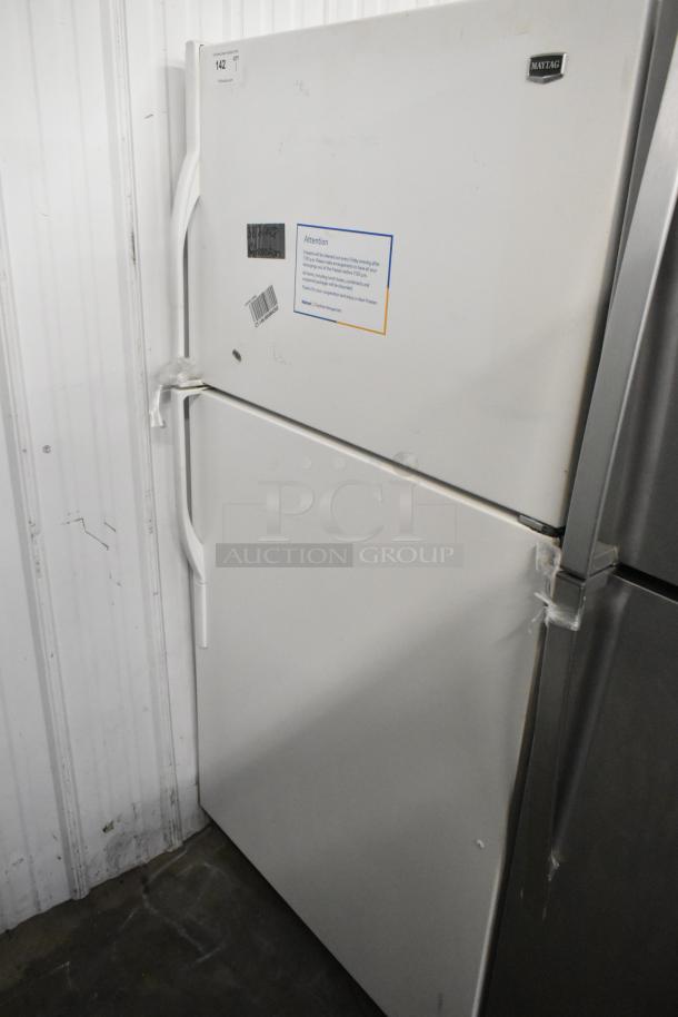 Maytag M1TXEGMYW01 single door cooler with freezer, white, 115V, 1 phase. Features barcode and warning label.