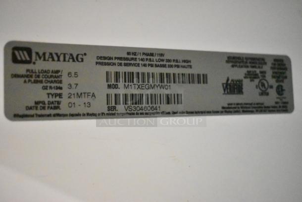 Maytag M1TXEGMYW01 label, 115V single phase, metal single door reach-in cooler with freezer specs and serial number.