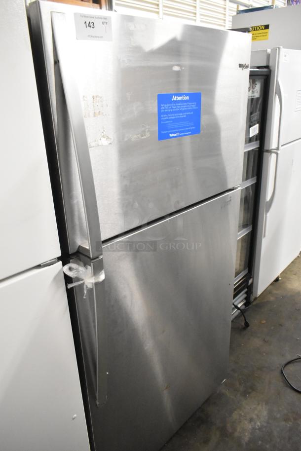 2018 Maytag WRT311FZDM01 stainless steel fridge with freezer. Single door, 115V, 1 phase. Visible wear on door.