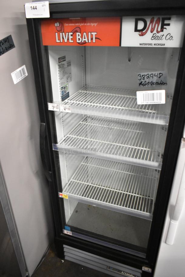 2020 True GDM-12-HC single door cooler merchandiser with poly-coated racks. Features "Live Bait" signage. 115V, 1 phase.